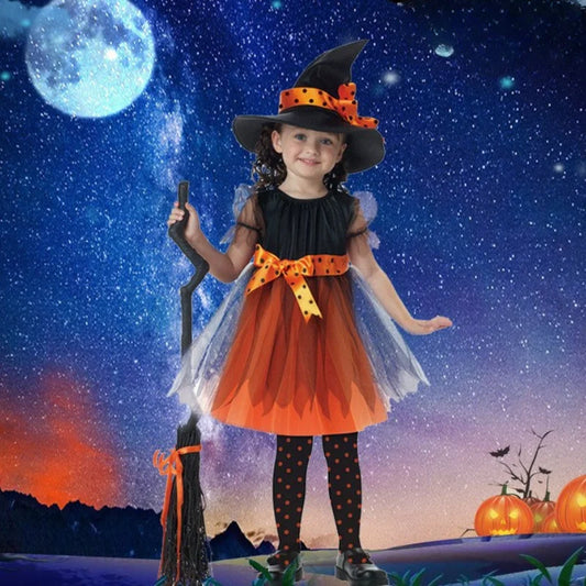 Girls Halloween Orange Witch Cosplay Costume Children Pumpkin Carnival Clothes Party Infant Witch Fancy Dress Clothing Set Hat