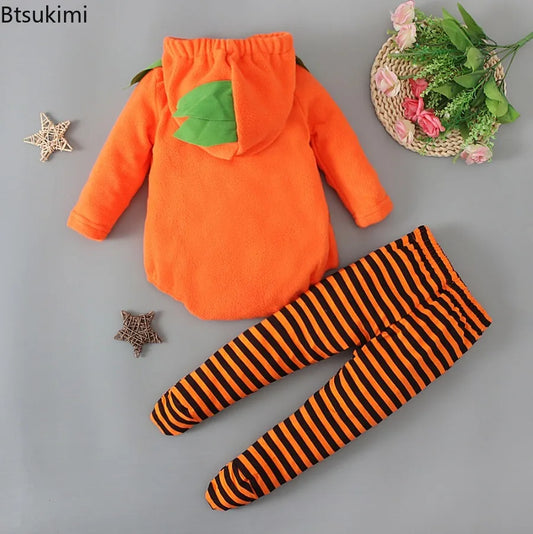 2025 infant Baby Girl/Boy Halloween Costumes Outfit Pumpkin Long Sleeve Hooded Zipper Romper Footed Pants Leggings Two-piece Set