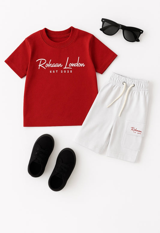Pure 100% Cotton - Red and White T-shirt and Shorts Set