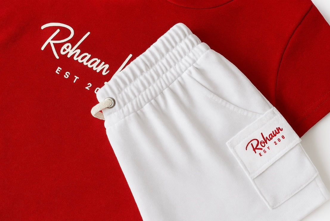 Pure 100% Cotton - Red and White T-shirt and Shorts Set