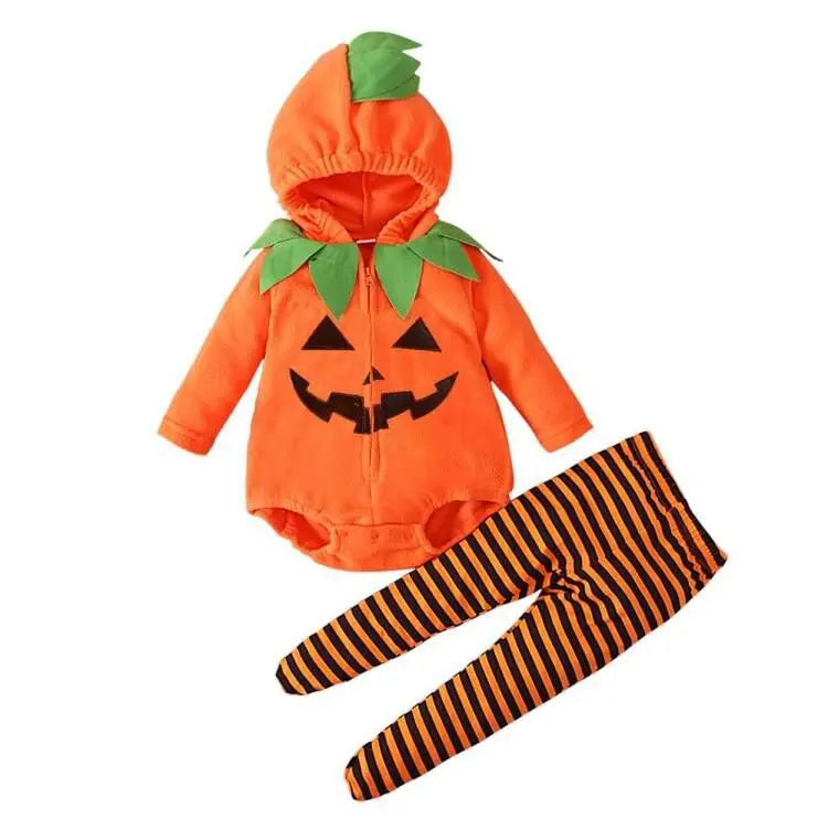 2025 infant Baby Girl/Boy Halloween Costumes Outfit Pumpkin Long Sleeve Hooded Zipper Romper Footed Pants Leggings Two-piece Set