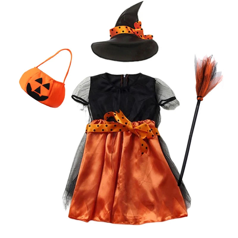 Girls Halloween Orange Witch Cosplay Costume Children Pumpkin Carnival Clothes Party Infant Witch Fancy Dress Clothing Set Hat