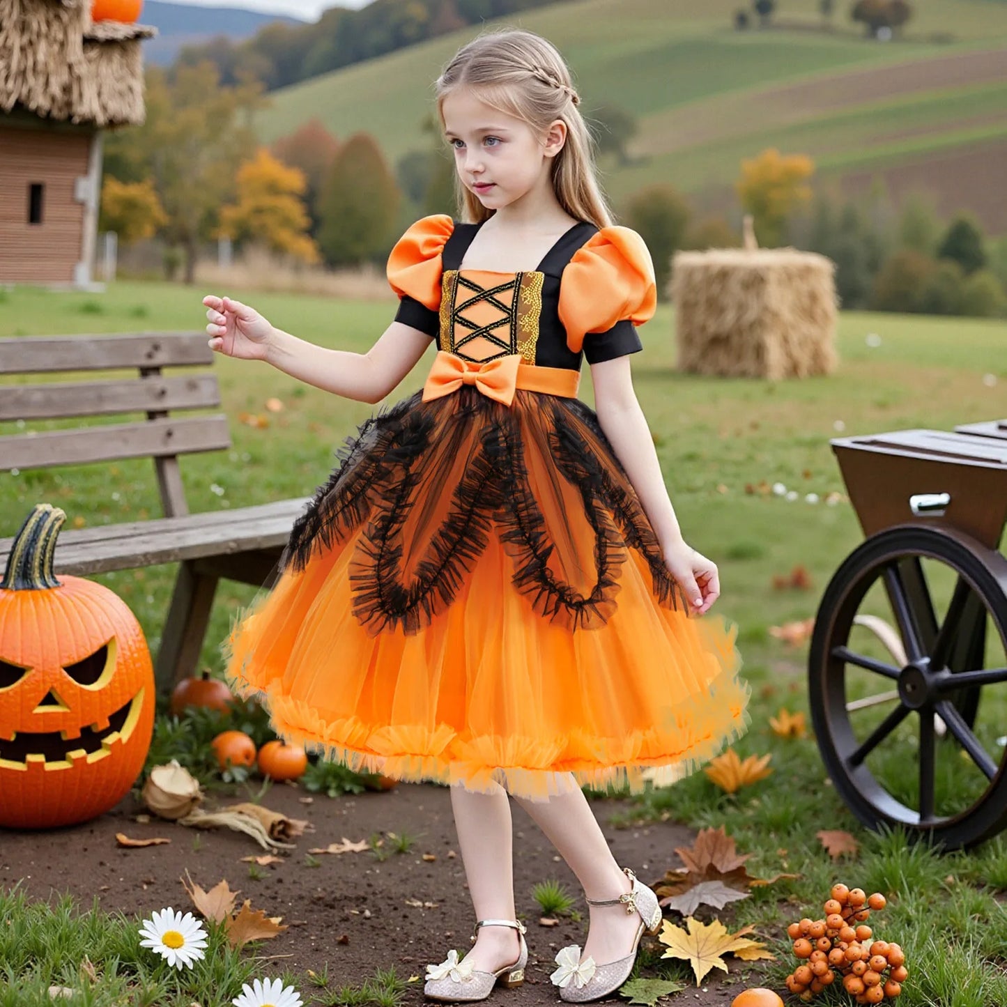 Halloween costume girl cosplay performance kids dress orange dress