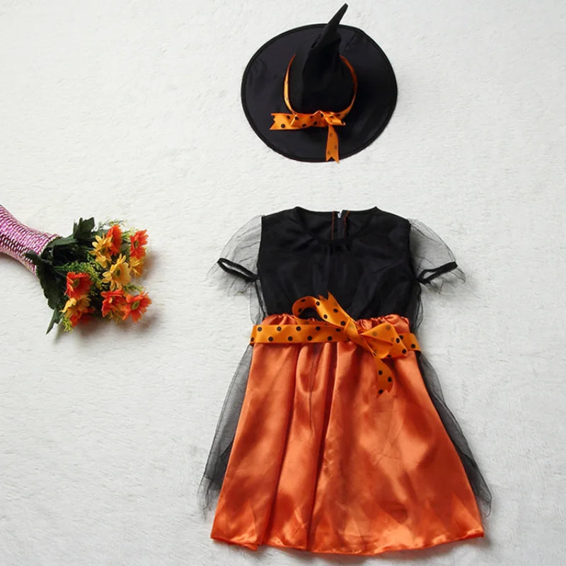 Girls Halloween Orange Witch Cosplay Costume Children Pumpkin Carnival Clothes Party Infant Witch Fancy Dress Clothing Set Hat