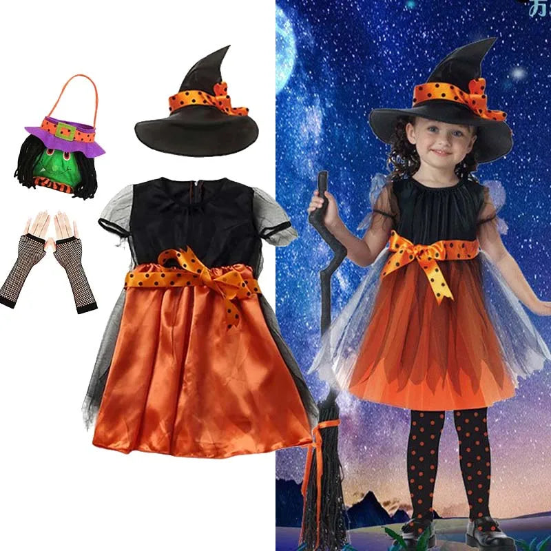 Girls Halloween Orange Witch Cosplay Costume Children Pumpkin Carnival Clothes Party Infant Witch Fancy Dress Clothing Set Hat