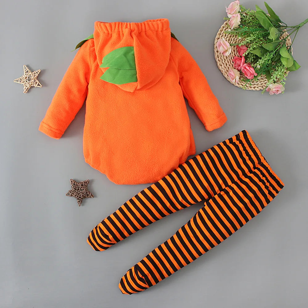 2025 infant Baby Girl/Boy Halloween Costumes Outfit Pumpkin Long Sleeve Hooded Zipper Romper Footed Pants Leggings Two-piece Set