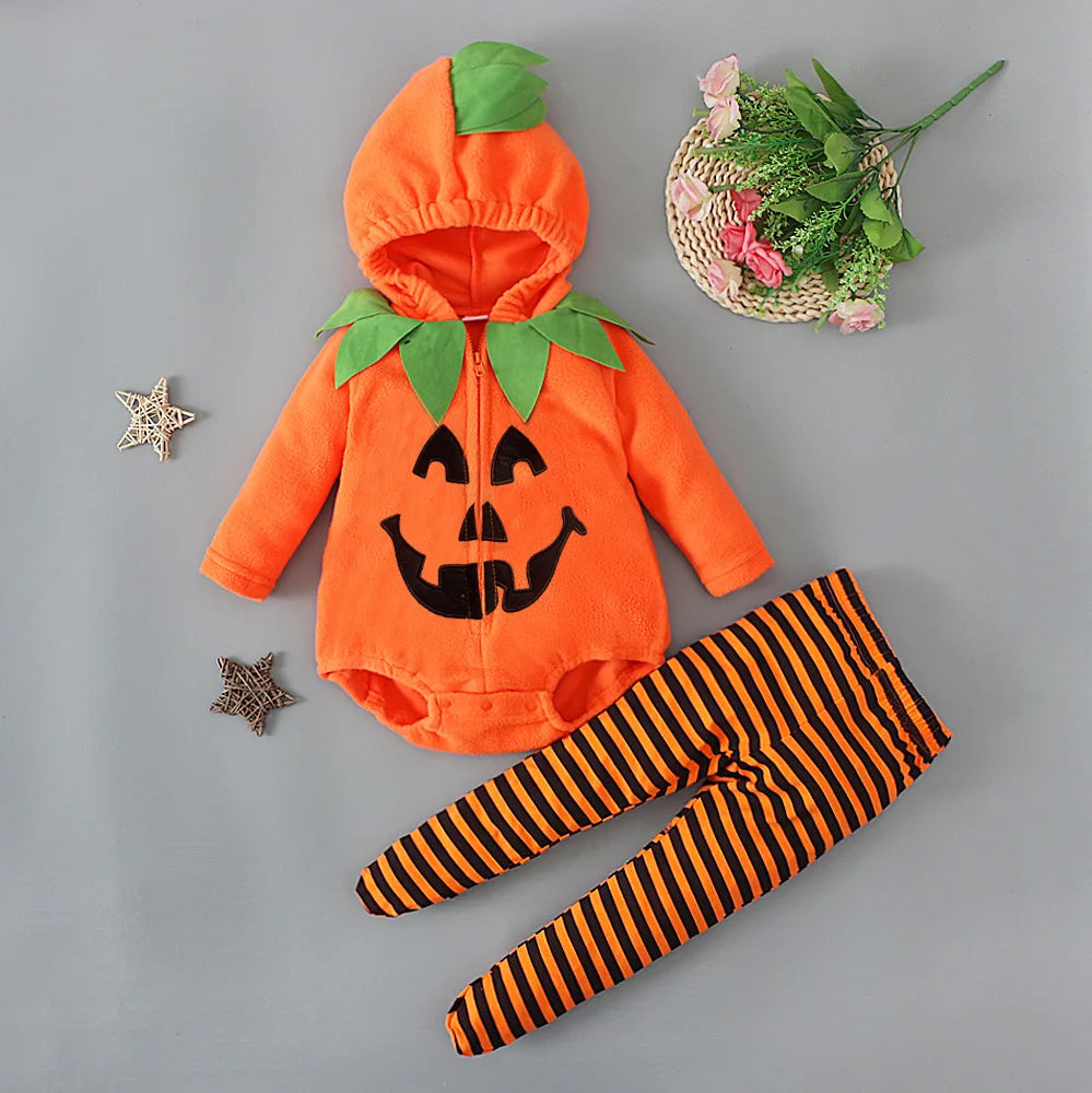 2025 infant Baby Girl/Boy Halloween Costumes Outfit Pumpkin Long Sleeve Hooded Zipper Romper Footed Pants Leggings Two-piece Set
