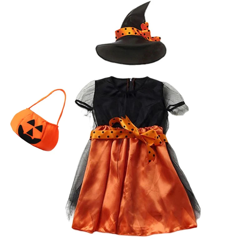 Girls Halloween Orange Witch Cosplay Costume Children Pumpkin Carnival Clothes Party Infant Witch Fancy Dress Clothing Set Hat