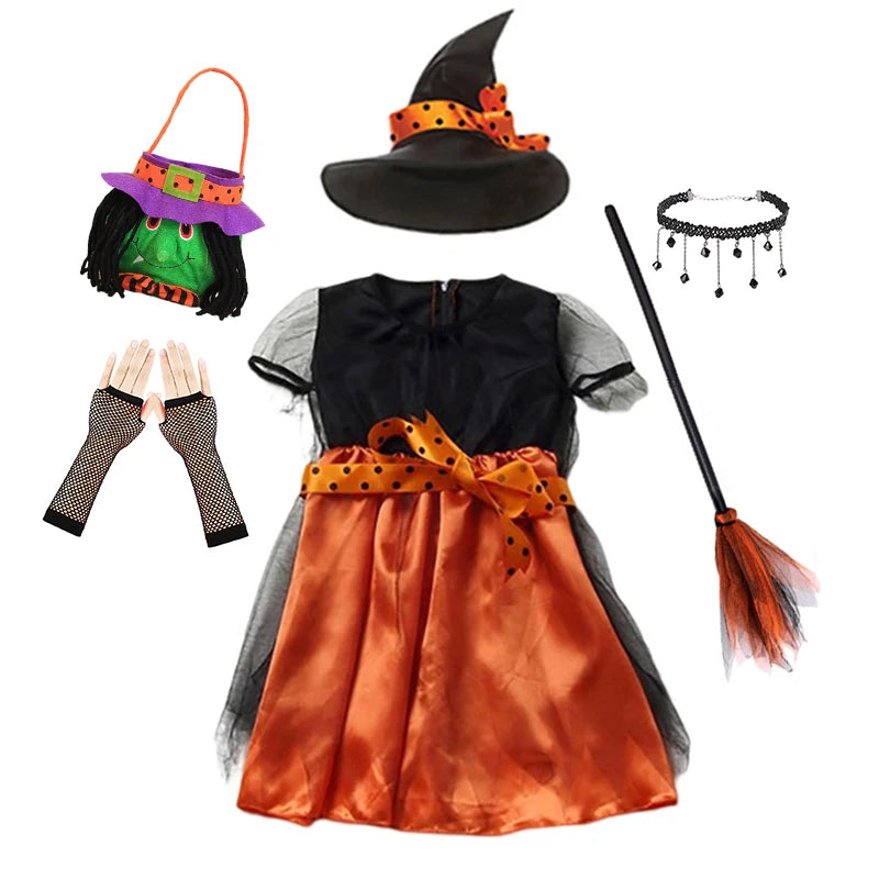 Girls Halloween Orange Witch Cosplay Costume Children Pumpkin Carnival Clothes Party Infant Witch Fancy Dress Clothing Set Hat