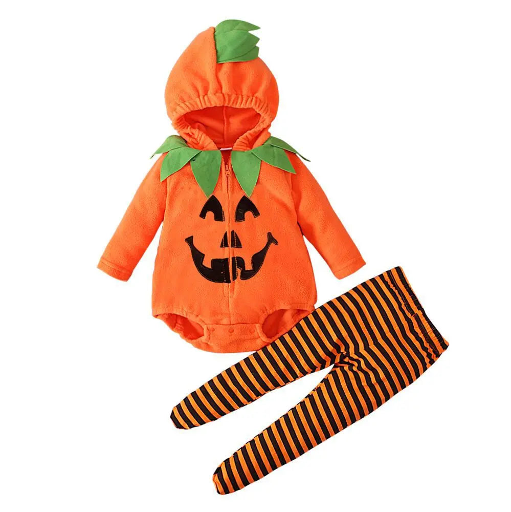 2025 infant Baby Girl/Boy Halloween Costumes Outfit Pumpkin Long Sleeve Hooded Zipper Romper Footed Pants Leggings Two-piece Set