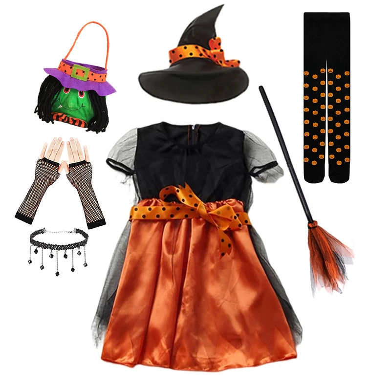 Girls Halloween Orange Witch Cosplay Costume Children Pumpkin Carnival Clothes Party Infant Witch Fancy Dress Clothing Set Hat