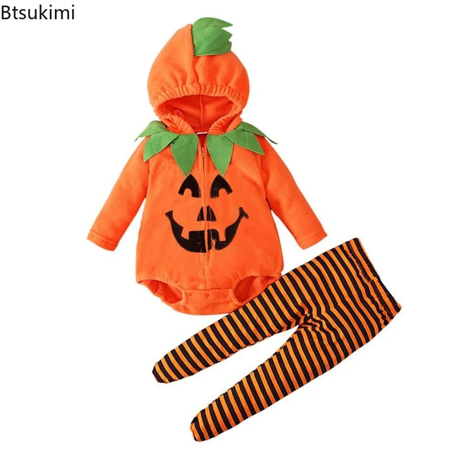 2025 infant Baby Girl/Boy Halloween Costumes Outfit Pumpkin Long Sleeve Hooded Zipper Romper Footed Pants Leggings Two-piece Set