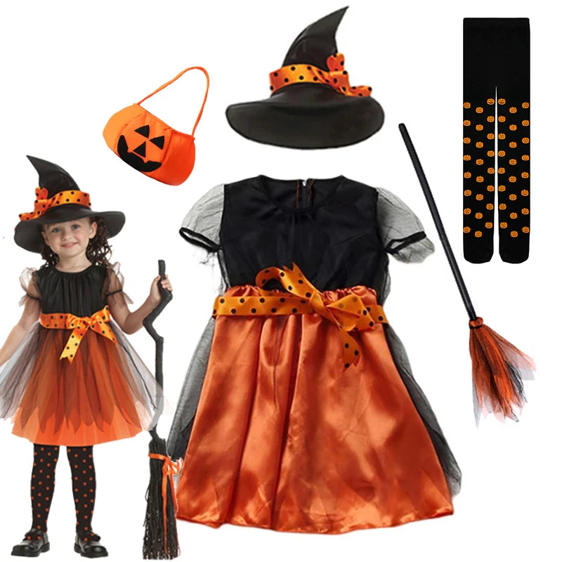 Girls Halloween Orange Witch Cosplay Costume Children Pumpkin Carnival Clothes Party Infant Witch Fancy Dress Clothing Set Hat