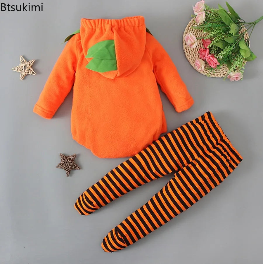 2025 infant Baby Girl/Boy Halloween Costumes Outfit Pumpkin Long Sleeve Hooded Zipper Romper Footed Pants Leggings Two-piece Set