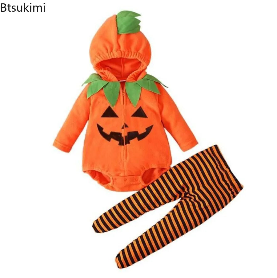 2025 infant Baby Girl/Boy Halloween Costumes Outfit Pumpkin Long Sleeve Hooded Zipper Romper Footed Pants Leggings Two-piece Set