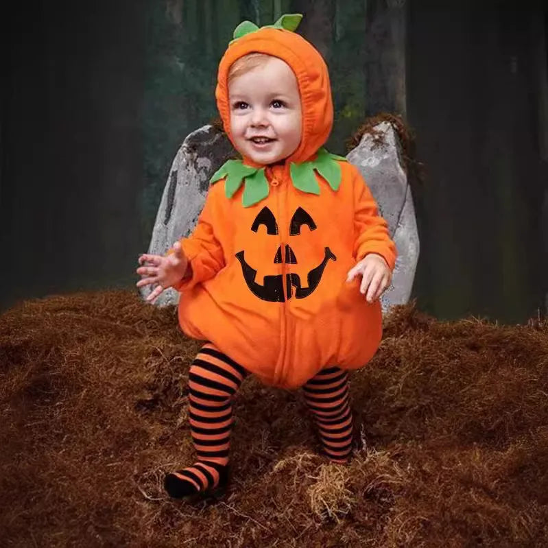 2025 infant Baby Girl/Boy Halloween Costumes Outfit Pumpkin Long Sleeve Hooded Zipper Romper Footed Pants Leggings Two-piece Set