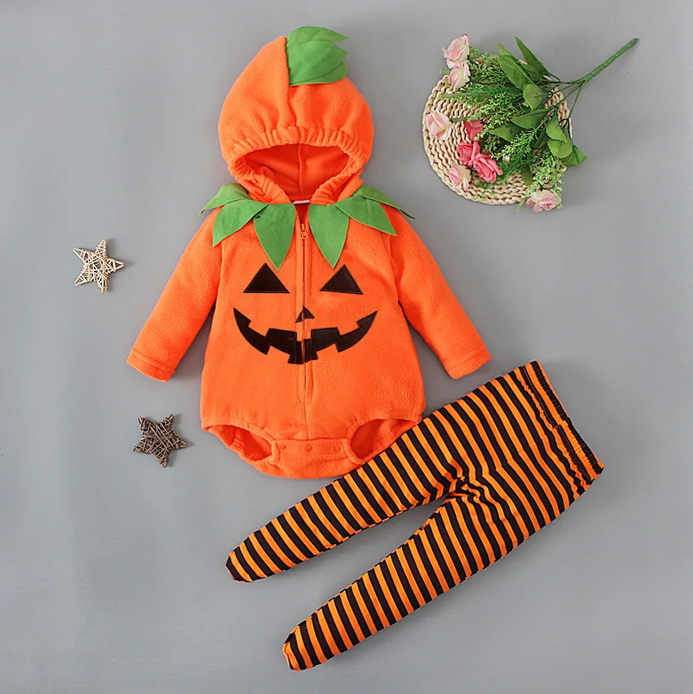 2025 infant Baby Girl/Boy Halloween Costumes Outfit Pumpkin Long Sleeve Hooded Zipper Romper Footed Pants Leggings Two-piece Set