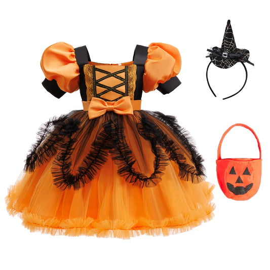 Halloween costume girl cosplay performance kids dress orange dress