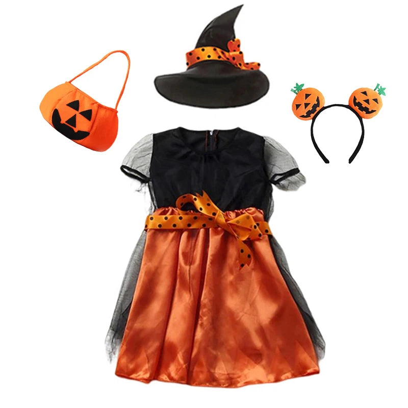 Girls Halloween Orange Witch Cosplay Costume Children Pumpkin Carnival Clothes Party Infant Witch Fancy Dress Clothing Set Hat