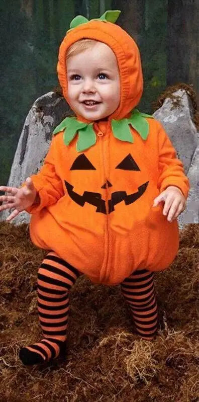 2025 infant Baby Girl/Boy Halloween Costumes Outfit Pumpkin Long Sleeve Hooded Zipper Romper Footed Pants Leggings Two-piece Set